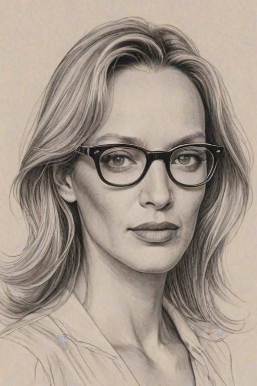 Beauteous Uma Thurman, pencil sketch, portrait of Wonderful woman 1977s in glasses, hair style beatnik, outline, clear lines, fine lines, 8k