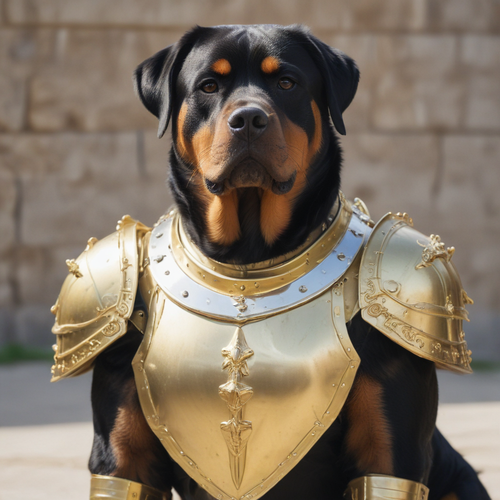 A Rottweiler as a paladin in gold armour