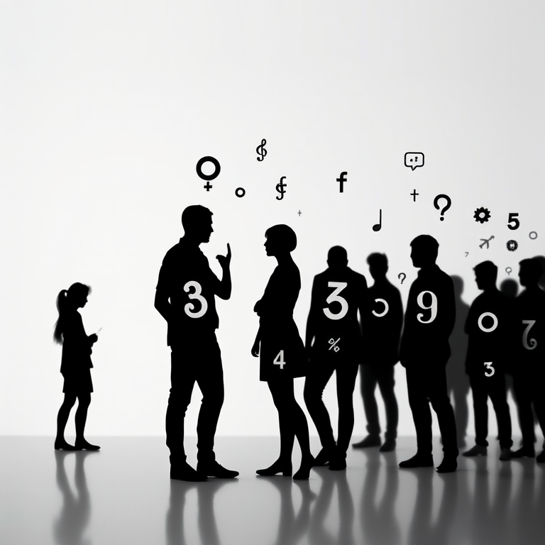 Create a high-resolution abstract image of black and white silhouetted human figures with stylized numbers and symbols intertwined, using a Canon EOS R5 with an 85mm f/1.2 lens, shot at f/2.8, ISO 100, and a shutter speed of 1/200s, in a vertical composition with soft diffused lighting to enhance texture and depth.