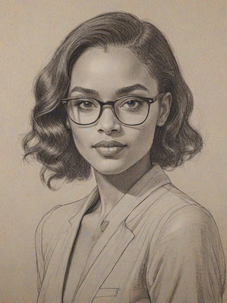 Delightful Maisie Richardson-Sellers, pencil sketch, portrait of Elegant woman 1924s in glasses, hair style beatnik, outline, clear lines, fine lines, 8k