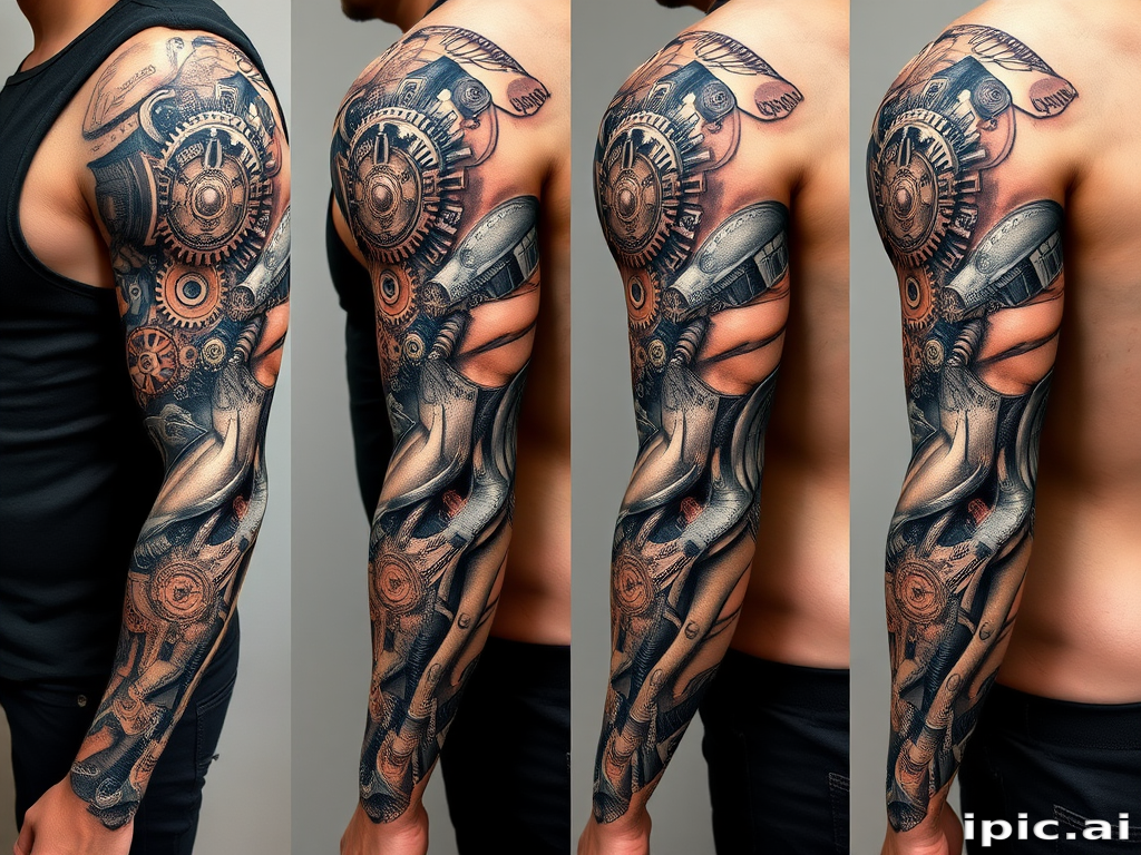 Biomechanical sleeve tattoo blending organic and mechanical elements, featuring exposed gears, pistons, and circuitry seamlessly integrated with muscle tissue and tendons for a futuristic cyborg appearance