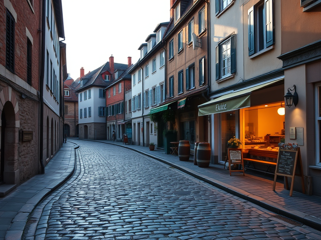 Sharp, high-resolution photo of a cobblestone street in a small European village at sunrise, soft light reflecting off the stones, quaint buildings lining the road, and the smell of fresh pastries drifting from a nearby  cafe.
