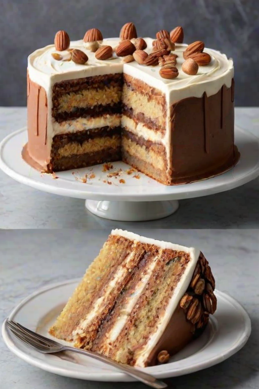 Generate a realistic image of a layered cake with smooth frosting. The cake should have a textured design on the outer layer and be topped with decorative elements, such as nuts. Include a slice cut out to show the interior layers. The setting should be simple, with a marble or wooden surface and minimal background distractions.