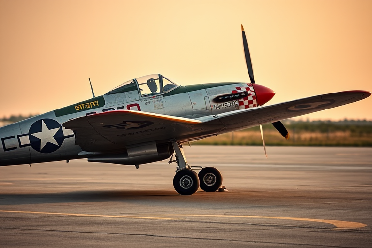 A vintage World War II fighter plane on a tarmac, side view, taken with a DSLR camera at f/2.8 aperture, ISO 100, 50mm lens, with a shallow depth of field to focus on the plane while softly blurring the background.
