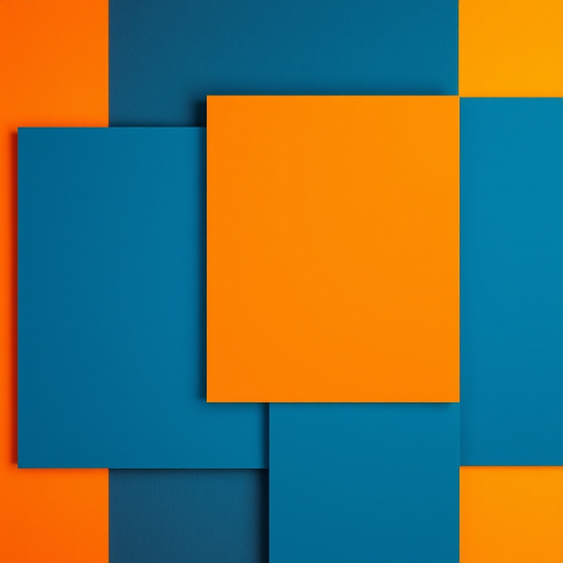 Create a modern, abstract geometric design featuring overlapping rectangles in blue and orange, high resolution, ISO 100, aperture f/8, shutter speed 1/125s, shot with a DSLR camera from a top-down view.