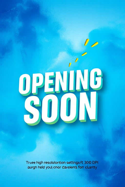 Create a vibrant graphic announcement for an upcoming opening featuring the words "OPENING SOON" in bold, three-dimensional style on a blue and cyan abstract background, using a digital art style, with high resolution settings of 300 DPI, in a vector format for clarity.