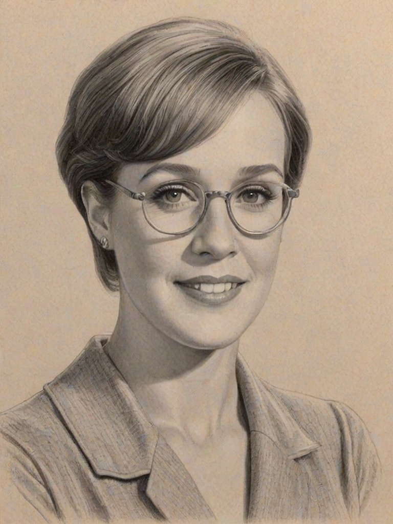 Pleasing Julie Andrews, pencil sketch, portrait of Fascinating woman 1923s in glasses, hair style beatnik, outline, clear lines, fine lines, 8k