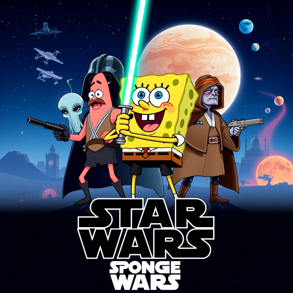 Create a parody of the Star Wars poster with SpongeBob as Luke Skywalker, holding a glowing spatula like a lightsaber. Patrick Star takes the role of Han Solo, holding a blaster, while Squidward is Obi-Wan Kenobi, draped in robes. In the background, Plankton appears as Darth Vader, with Bikini Bottom’s landmarks reimagined as spaceships and planets. The iconic Star Wars logo is swapped for "Sponge Wars," creating a playful, sci-fi adventure scene.