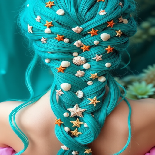 Vivid turquoise hair arranged in an intricate mermaid braid adorned with tiny seashells and starfish accessories, cascading down to the waist for a magical underwater allure called Lagoon Enchantress
