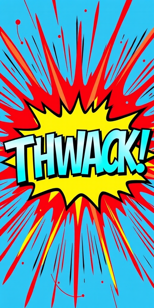 Create a vibrant comic-style graphic featuring the word "THWACK!" in bold teal letters against a bright red and blue explosion background, captured using a DSLR camera with ISO 100, aperture f/8, and a 50mm lens for sharp focus and rich colors.