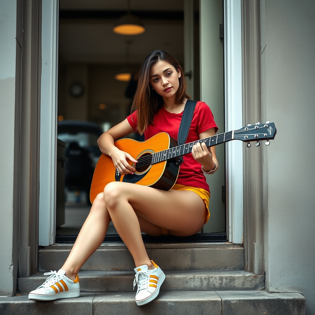 Ultra-realistic and very detailed image, high resolution and definition of a young woman, a rocker. She's sitting on the step of a doorway, with one leg stretched out, playing an acoustic guitar. The young woman is wearing a red T-shirt and yellow shorts. Adidas trainers. The door is glazed and mirrors the street.