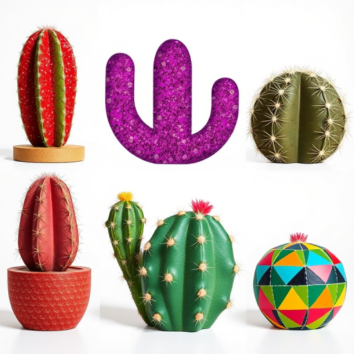 Create an artistic representation of six stylized cacti, incorporating various textures and colors like red polka dots, glittery purple, and multicolored geometric patterns, using a DSLR camera with a 50mm lens at f/2.8, ISO 100, and a focus on vibrant colors in a bright, natural light setting.