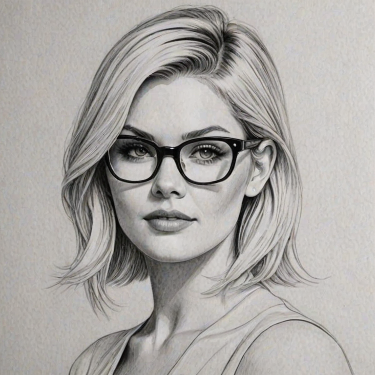 Sublime Elisha Cuthbert, pencil sketch, portrait of Magnificent woman 1968s in glasses, hair style beatnik, outline, clear lines, fine lines, 8k