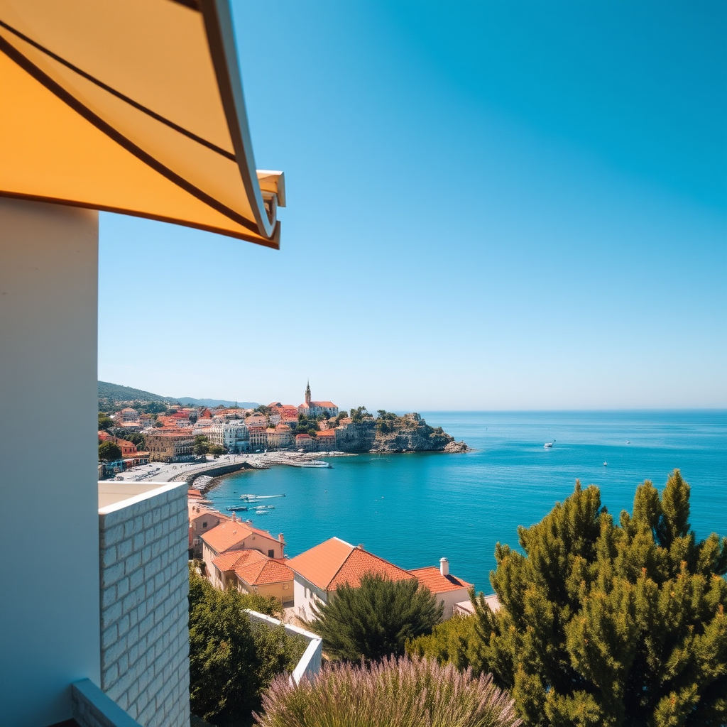 capture a scenic view of a coastal village on a sunny day with clear blue skies and calm waters, using a DSLR camera with a 24mm lens, aperture f/8, ISO 100, and a shutter speed of 1/200s to enhance image quality, taken from a slight elevation to showcase the architecture and landscape.