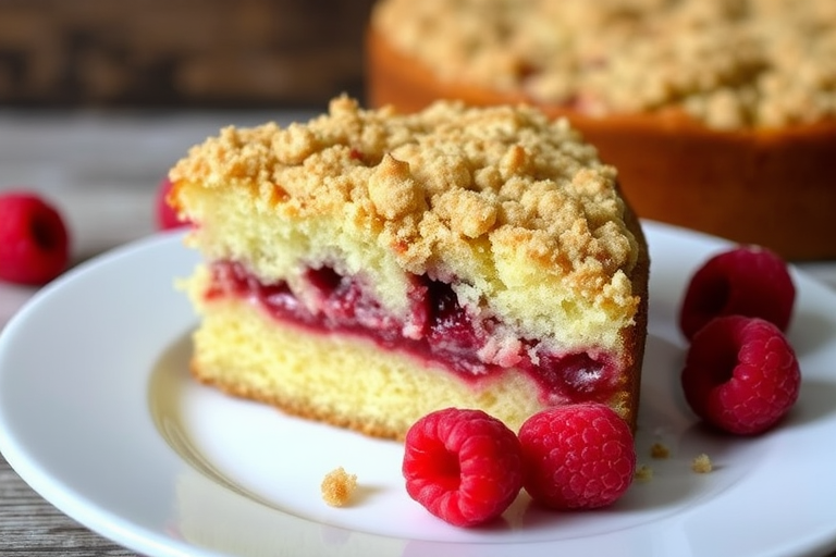 A delicious slice of raspberry crumb cake on a white plate with a wooden background, showcasing a rich layer of berries and a crumbly topping, with some raspberries scattered around.