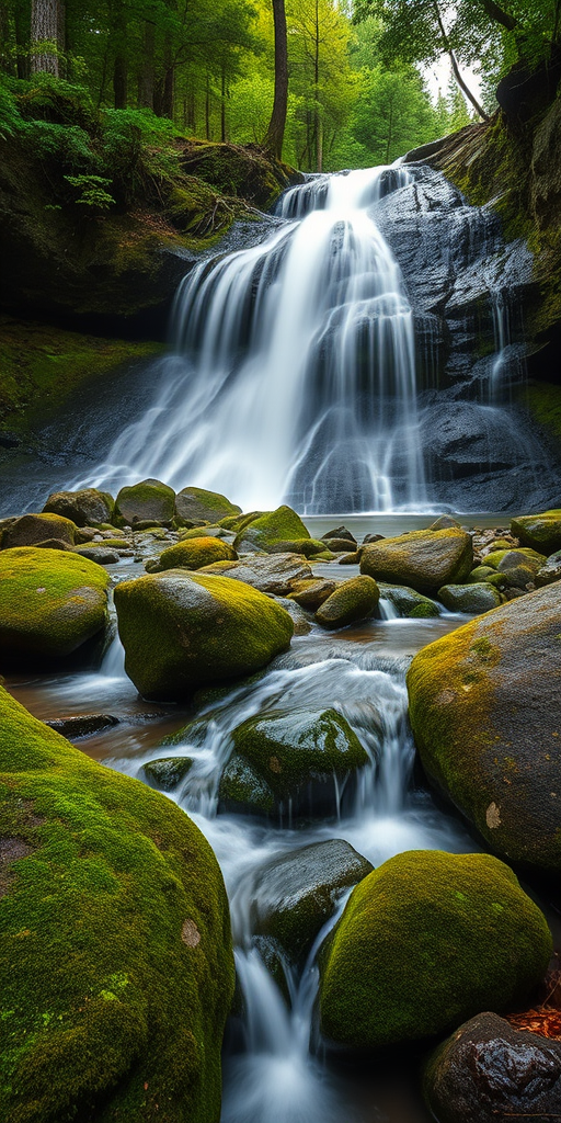 A serene waterfall cascading down moss-covered rocks in a lush forest, captured with a Canon EOS 5D Mark IV, using a 24-70mm f/2.8 lens at f/11, with a shutter speed of 1/4 second for smooth water effects, ISO 100, shot in natural daylight for vibrant colors.