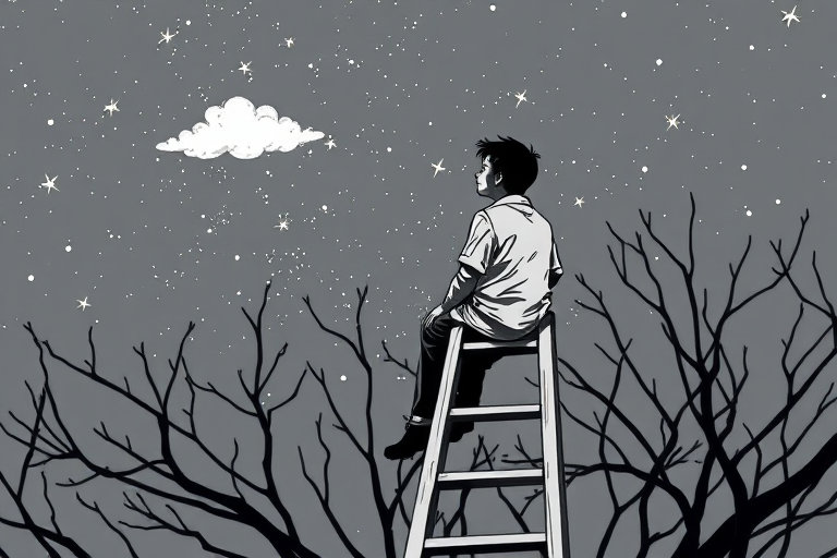 Create a black and white illustration of a person sitting on a wooden ladder, surrounded by branches, gazing at a starry sky with a single cloud, using a DSLR camera with a 50mm lens at f/1.8, ISO 200, and a shutter speed of 1/125s for enhanced depth and clarity.