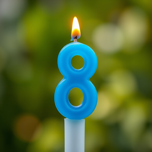 Create a vibrant, high-resolution image of a blue birthday candle shaped like the number 8, lit with a flickering flame, using a 50mm lens at f/2.8, ISO 100, shot in natural light with a shallow depth of field to emphasize the candle against a blurred background.