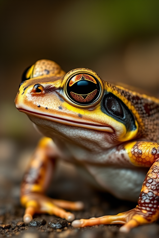 Capture a close-up of a textured frog with vibrant yellow stripes against a blurred natural background, using a Canon EOS 5D Mark IV, 100mm f/2.8 macro lens, aperture f/2.8, ISO 200, and a shutter speed of 1/200 sec for optimal clarity and detail.