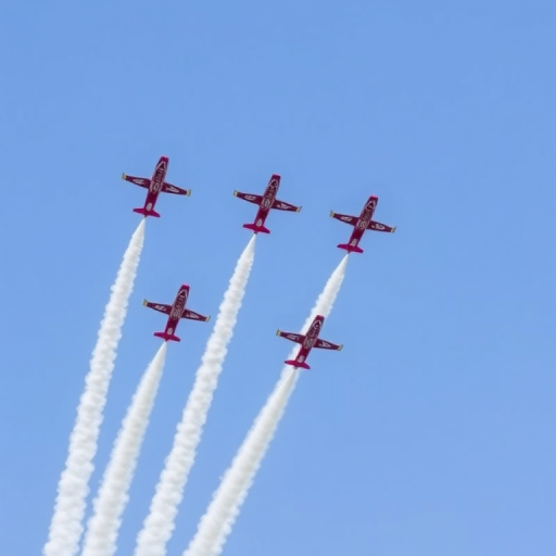 six stunt aircraft flying in formation with contrails against a clear blue sky
