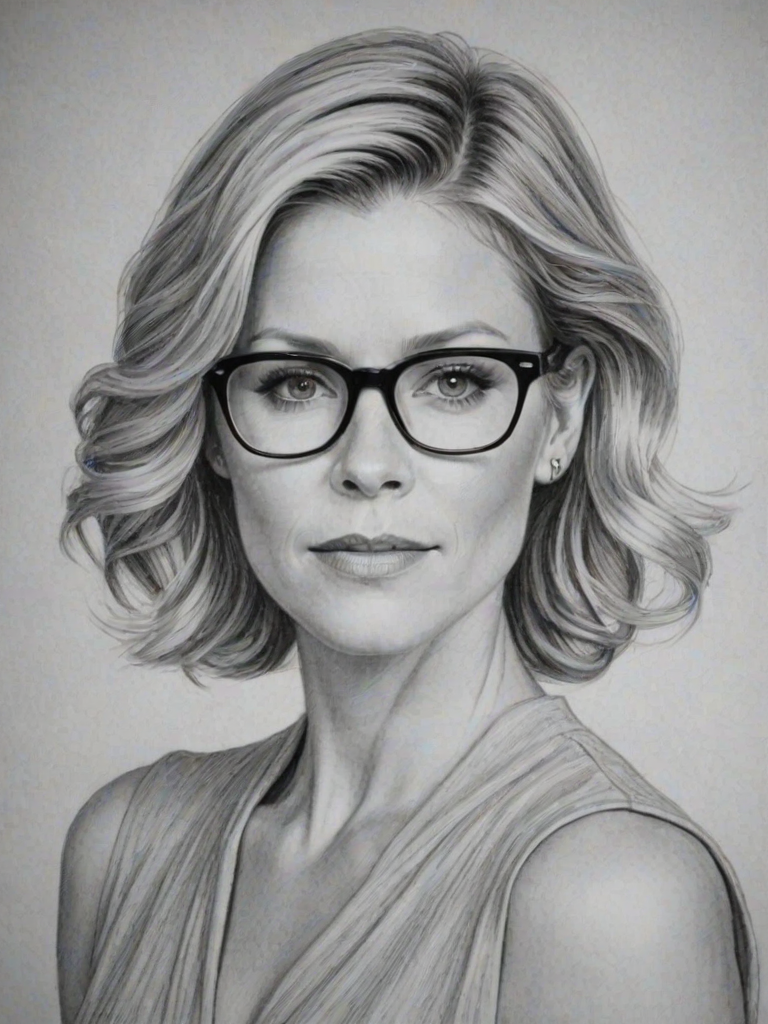 Radiant Julie Bowen, pencil sketch, portrait of Captivating woman 1936s in glasses, hair style beatnik, outline, clear lines, fine lines, 8k