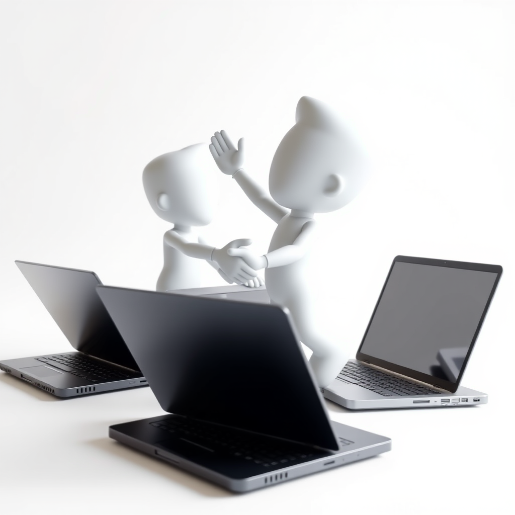 two 3D characters shaking hands emerging from open laptops on a white background, with soft natural lighting, using a 50mm lens, f/2.8 aperture, ISO 100, shot from a slightly elevated front view with a DSLR camera to emphasize depth and clarity