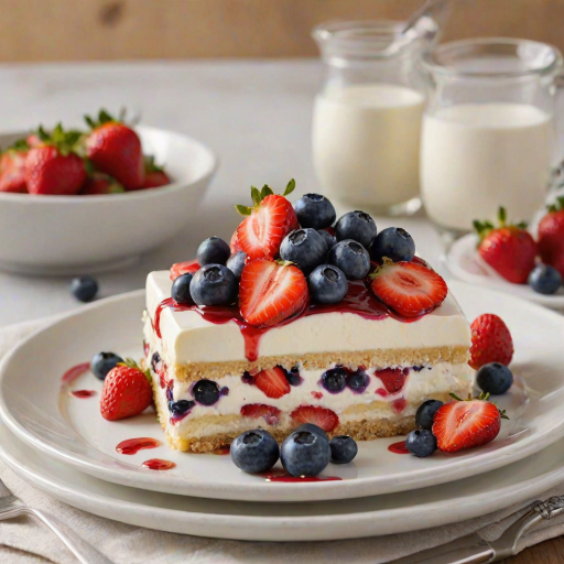 Generate an image of a delicious layered dessert featuring alternating layers of cream, strawberries, and blueberries, served on a plate. The dessert should have a smooth, creamy texture and be topped with fresh fruit and a drizzle of white chocolate. In the background, show a larger serving dish containing the same dessert, with additional berries on top. The setting should be warm and inviting, emphasizing the freshness of the ingredients.