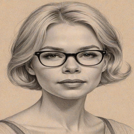 Captivating Michelle Williams, pencil sketch, portrait of Charming woman 1954s in glasses, hair style beatnik, outline, clear lines, fine lines, 8k