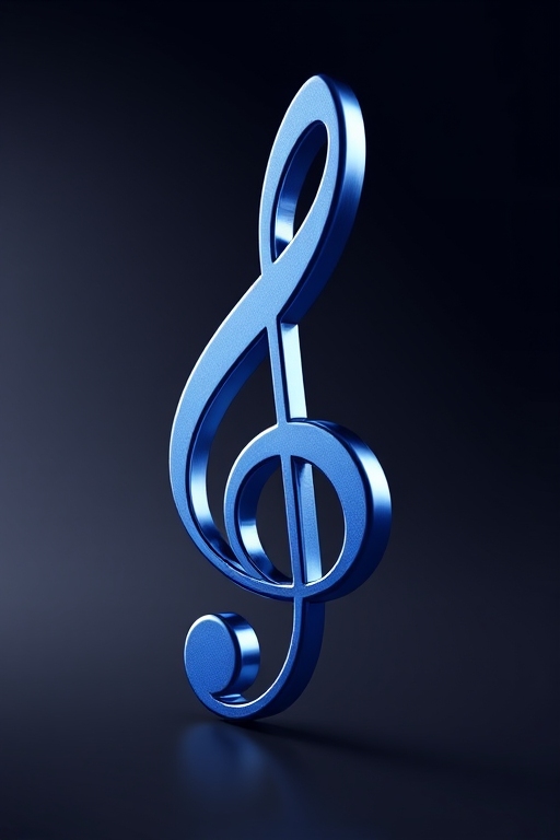 Create a high-resolution 3D rendering of a musical treble clef with a shiny metallic finish and blue gradient, using a DSLR camera with a 50mm lens, f/1.8 aperture, 1/200 sec shutter speed, ISO 100, in a soft-focus background with dramatic lighting to enhance depth and clarity.