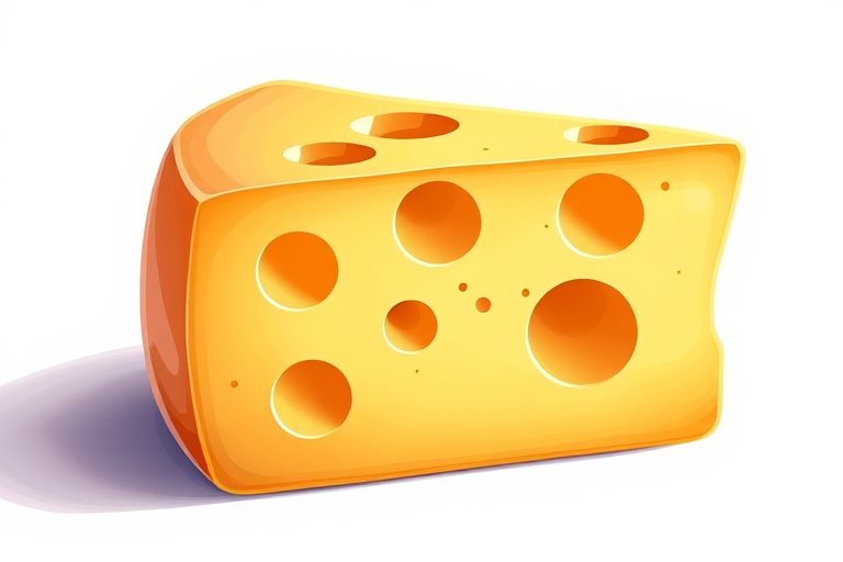 Create a vibrant, high-resolution illustration of a wedge of cheese with large holes, using a digital art style, set against a simple white background, capture with a 50mm lens, f/1.8 aperture for a shallow depth of field, soft lighting for smooth highlights and shadows.
