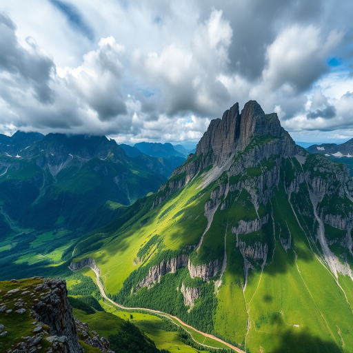 aerial view of a mountainous landscape with lush green valleys and rocky peaks under a dramatic sky, shot with a Canon EOS R5 at 24mm, f/8 aperture, ISO 100, using a polarizing filter for enhanced color saturation and contrast, capturing the vibrant textures and details in the scene