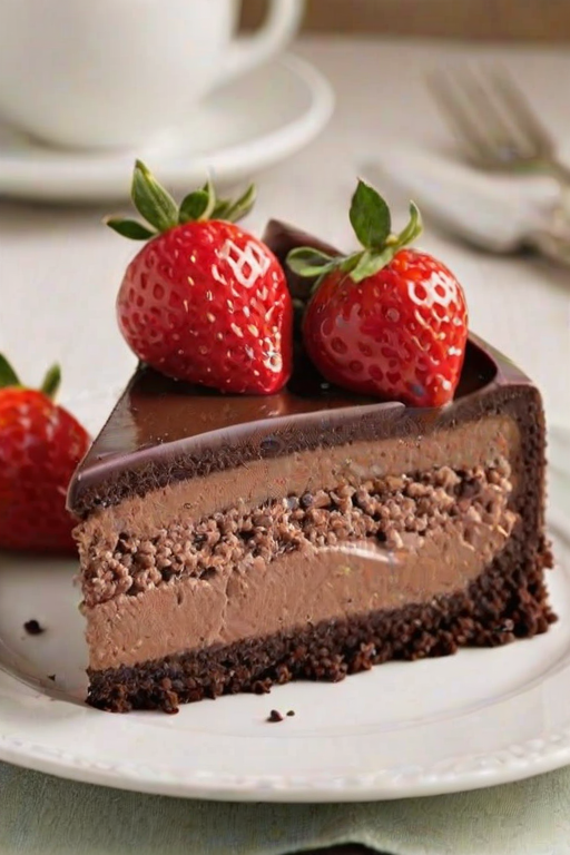 Generate an image of a slice of chocolate mousse cake with fresh strawberries. The cake should have a smooth, creamy chocolate layer, visible slices of strawberries embedded in the filling, and a decorative swirl of chocolate on top. The plate should be simple, and a fork should be placed beside the slice. The background should be softly blurred to emphasize the dessert.