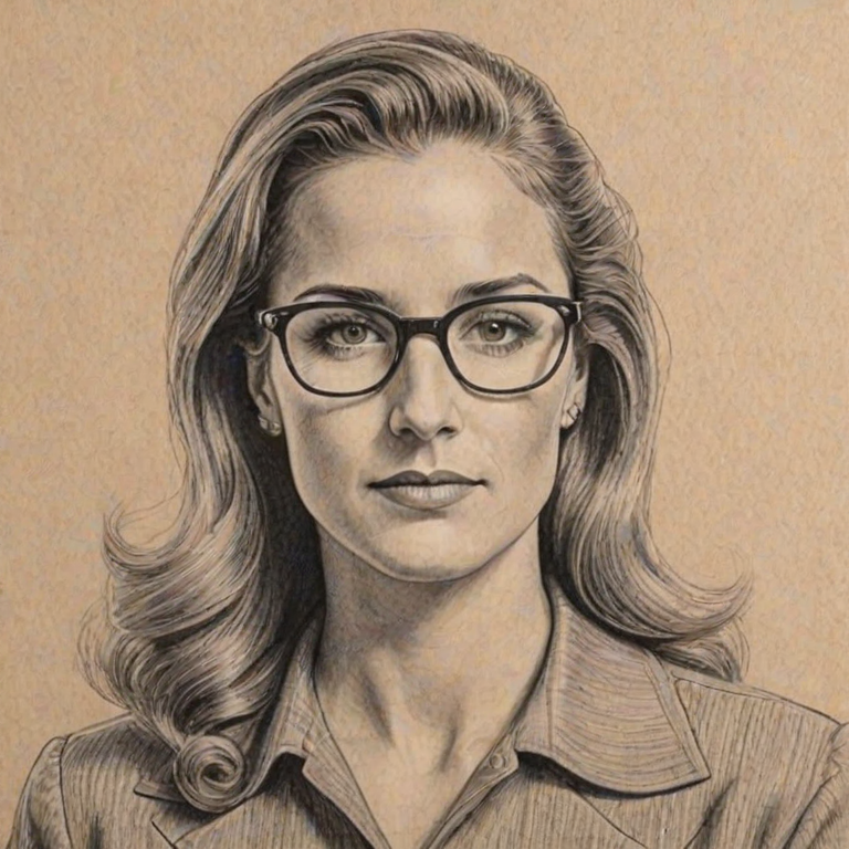 Dazzling Brandi Chastain, pencil sketch, portrait of Splendid woman 1940s in glasses, hair style beatnik, outline, clear lines, fine lines, 8k