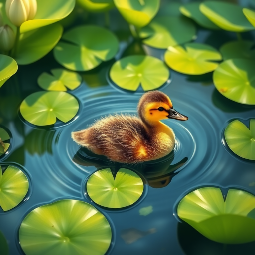 Create a highly detailed illustration of a duckling swimming in a serene pond surrounded by lily pads, with soft light filtering through lush green foliage, use a DSLR camera, 50mm lens, aperture f/2.8, ISO 200, and an overhead angle.