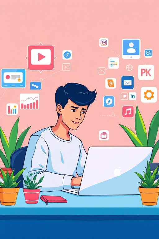 create an illustration of a young man working on a laptop at a desk surrounded by tech icons and plants, use vibrant colors and a clean, modern style, camera settings: f/4.0, ISO 100, shutter speed 1/125, camera view: front view, camera style: digital art, camera type: DSLR