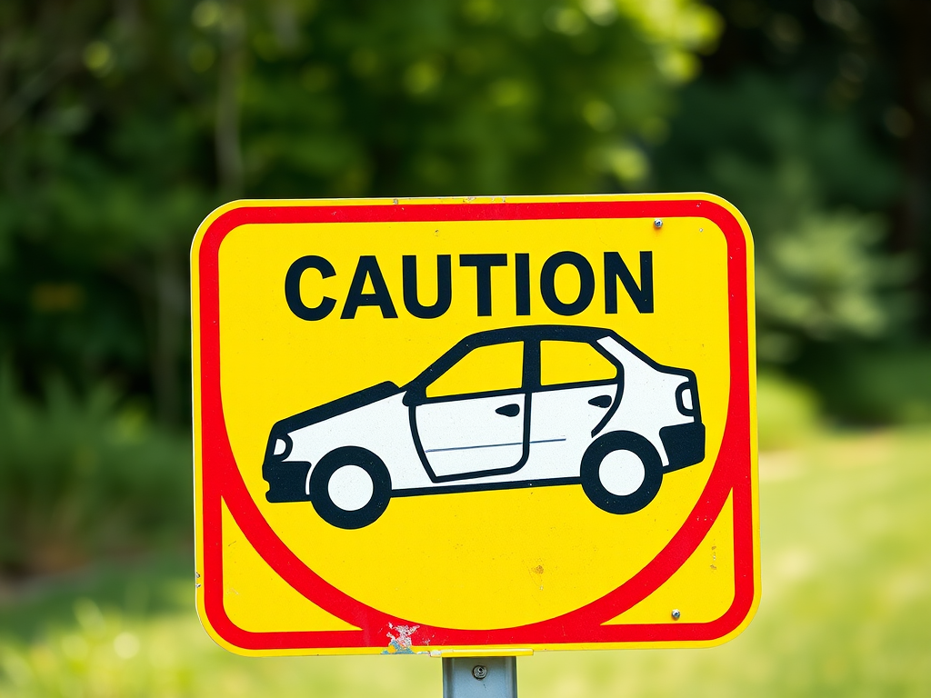 Create a high-quality vector image of a caution sign depicting a car collision with a yellow background and red border, using a Canon EOS R5 camera at f/8 aperture, 1/200 sec shutter speed, ISO 100, and a 50mm lens for sharp detail.