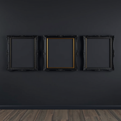A set of three ornate black picture frames with gold accents on a dark gray wall, empty spaces for artwork, soft diffused lighting, taken with a DSLR camera at f/8, ISO 200, 35mm lens, wide-angle view.
