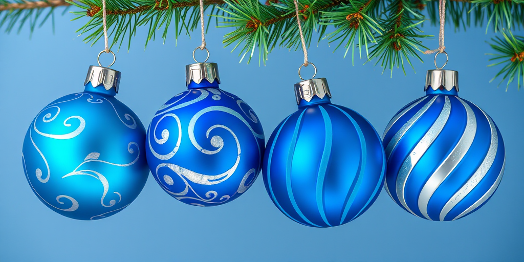 Create a high-resolution illustration of four blue Christmas ornaments with varied designs including swirls and stripes, shot with a Canon EOS 5D Mark IV, 50mm lens, ISO 100, aperture f/8, and natural daylight to enhance color saturation and detail.