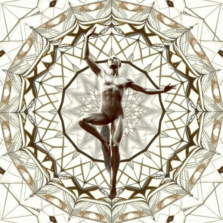 Generate a high-resolution image of a human figure in a dynamic pose, surrounded by an intricate geometric pattern, using a DSLR camera with a 50mm lens at f/1.8, ISO 200, shot in portrait mode with natural lighting to enhance details and contrast.