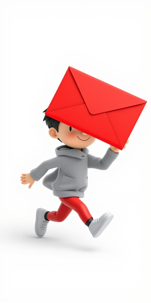 3D cartoon character running with a large red envelope in hand, white background, high detail, shallow depth of field, ISO 100, aperture f/2.8, 35mm lens, DSLR camera, soft lighting.