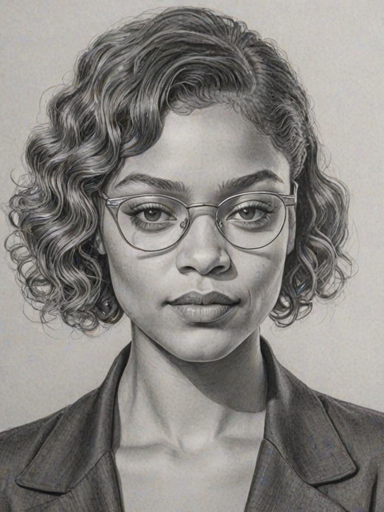 Graceful Antonia Thomas, pencil sketch, portrait of Dazzling woman 1929s in glasses, hair style beatnik, outline, clear lines, fine lines, 8k