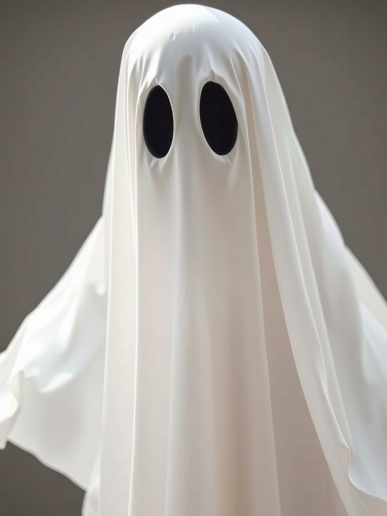 Generate a high-resolution illustration of a ghost with a flowing white sheet and dark eye holes, using a Canon EOS R5 camera, 50mm lens, f/1.8 aperture, ISO 100, natural lighting, and a portrait orientation to enhance detail and clarity.
