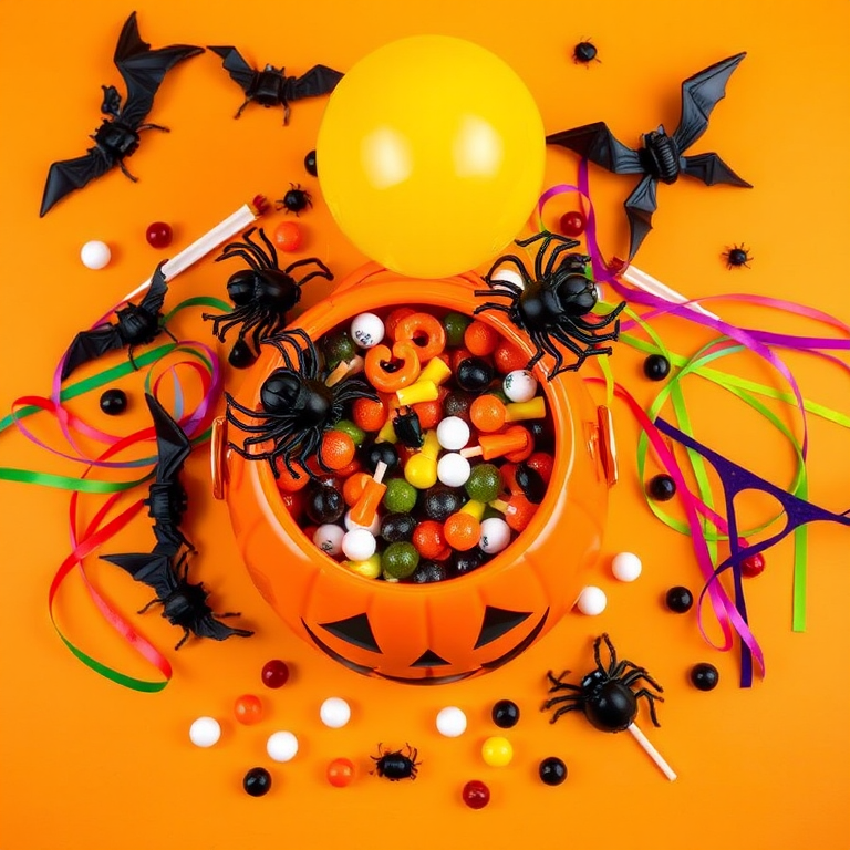 Create an overhead view of a Halloween themed scene featuring an orange pumpkin bucket with a smiling face filled with black spider decorations and colorful candy. Surround the bucket with small black bats, plastic eyeballs, a yellow balloon, and colorful streamers all against a bright orange background. Include a few small plastic insects and lollipops for added detail.