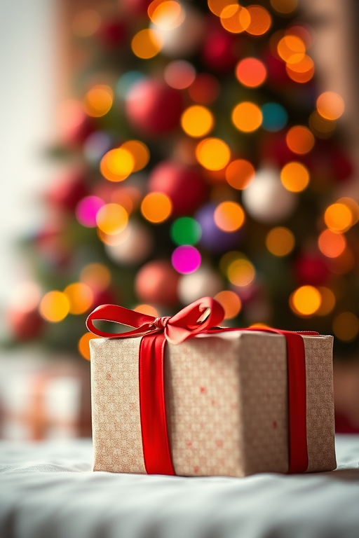 A beautifully wrapped gift box with a red ribbon in the foreground, softly focused with a vibrant Christmas tree and colorful bokeh lights in the background, captured with a Canon EOS 5D Mark IV, 50mm lens, f/1.8 aperture, ISO 200, 1/60 sec shutter speed, shallow depth of field, warm lighting.