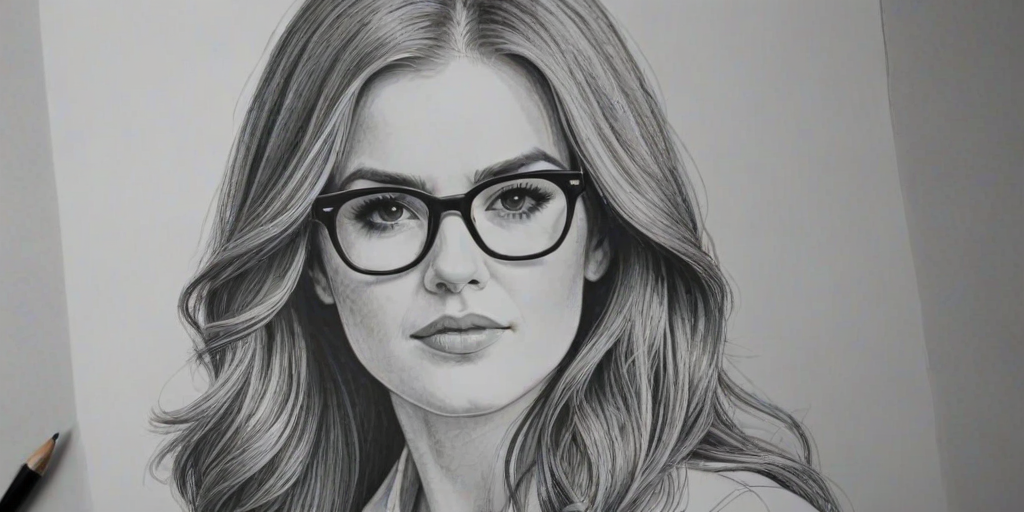 Dazzling Isla Fisher, pencil sketch, portrait of Superb woman 1973s in glasses, hair style beatnik, outline, clear lines, fine lines, 8k