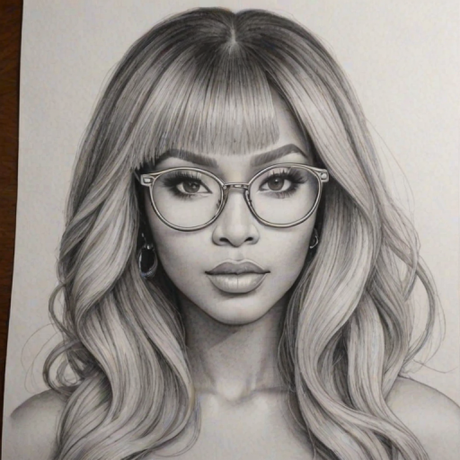 Charming Nicki Minaj, pencil sketch, portrait of Stunning woman 1971s in glasses, hair style beatnik, outline, clear lines, fine lines, 8k