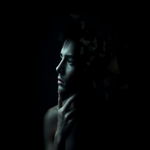 Create a dark surrealistic image of a contemplative figure with one half disintegrating into fragments, featuring a blend of realism and abstraction, shot in low light with a Canon EOS R5, 85mm lens, f/1.4 aperture, ISO 200, ensuring high contrast and deep shadows.