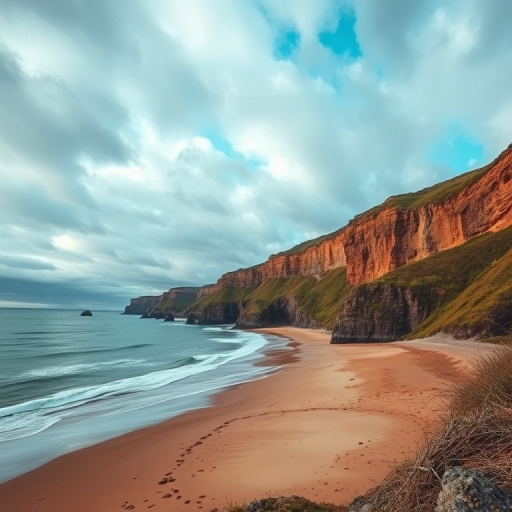 beach coastline with dramatic cliffs under a cloudy sky, capture using a DSLR camera at f/8 aperture, 1/200 sec shutter speed, ISO 100, wide-angle lens, low perspective view, enhance colors and contrast for a vibrant look