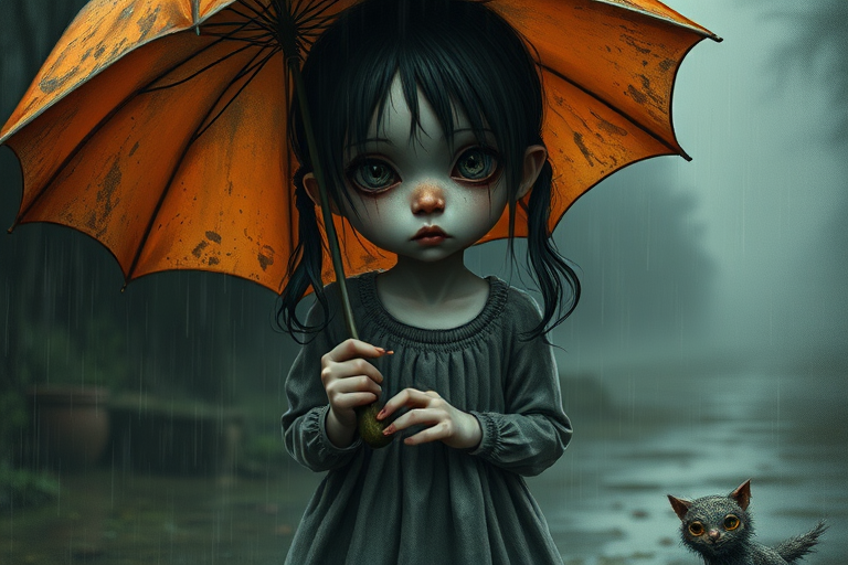 An eerie, weird little girl with dark hair in thin pigtails, wearing a smock dress, standing in the rain, holding a dirty orange umbrella, a small, odd creature beside her. In a surreal style inspired by Nicoletta Ceccoli and Brian Froud. Dark fantasy themes