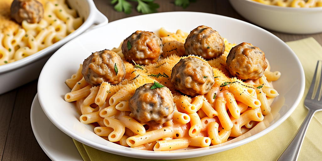 macaroni and cheese with meatballs